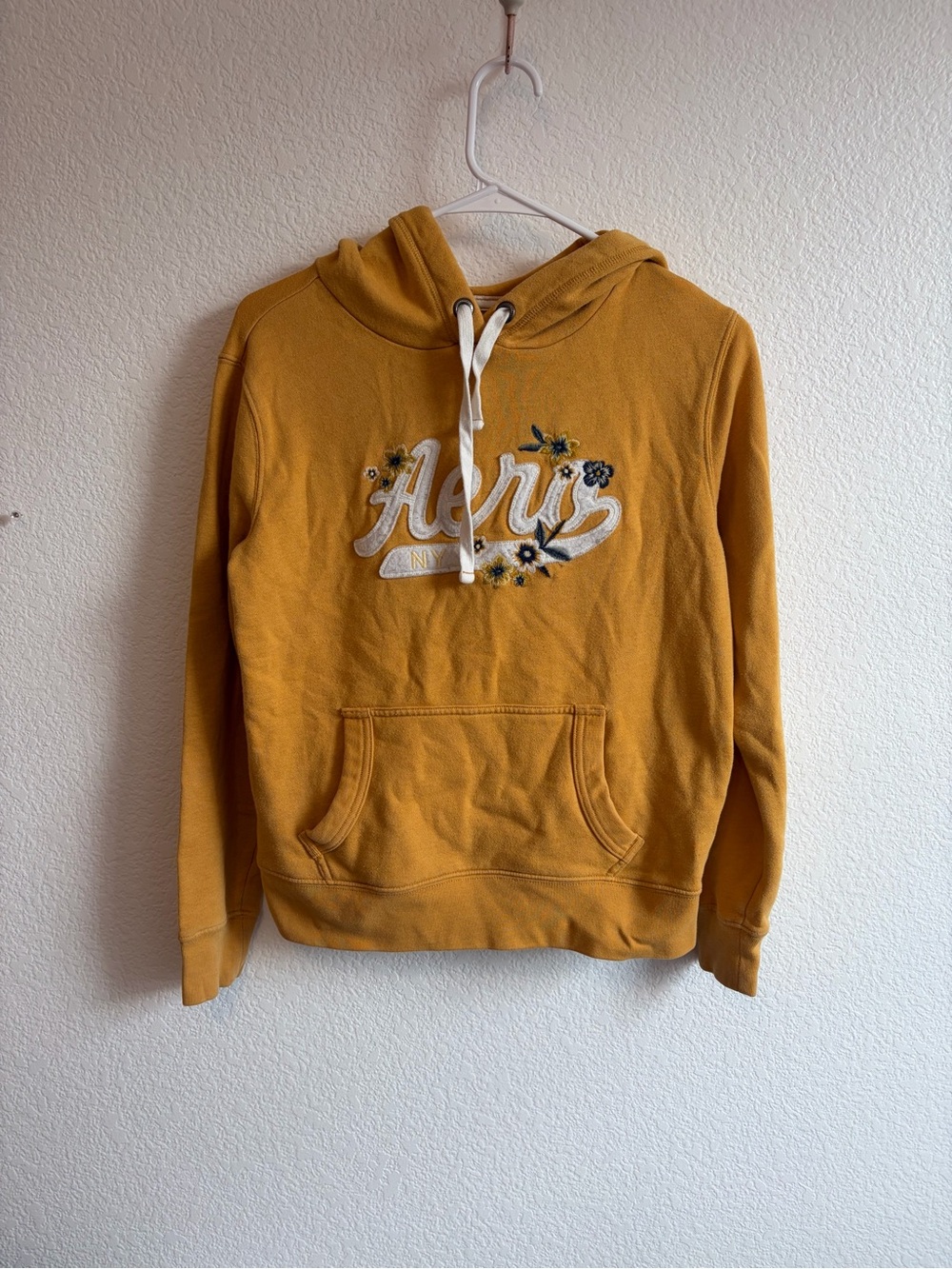 Aeropostale Mustard Yellow Pullover Hoodie with White Drawstring